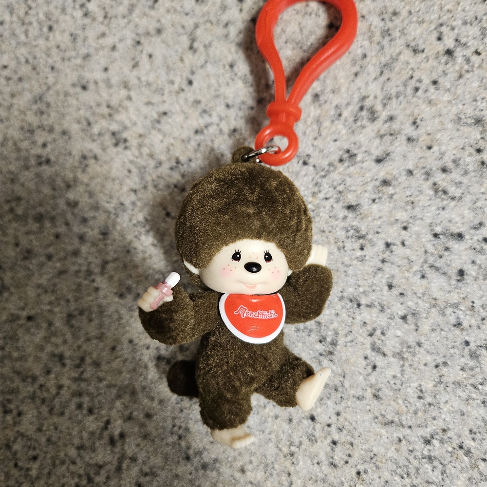 Monchhichi Brown Plush Keychain with Red Clip